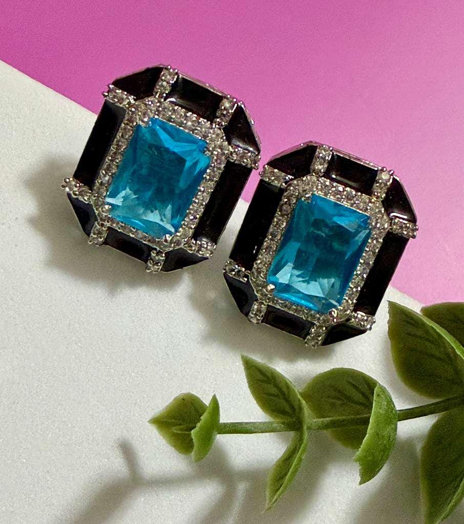 Blue Topaz Black Statement Stud Earrings Geometric Earrings Luxury Designer CZ Earrings