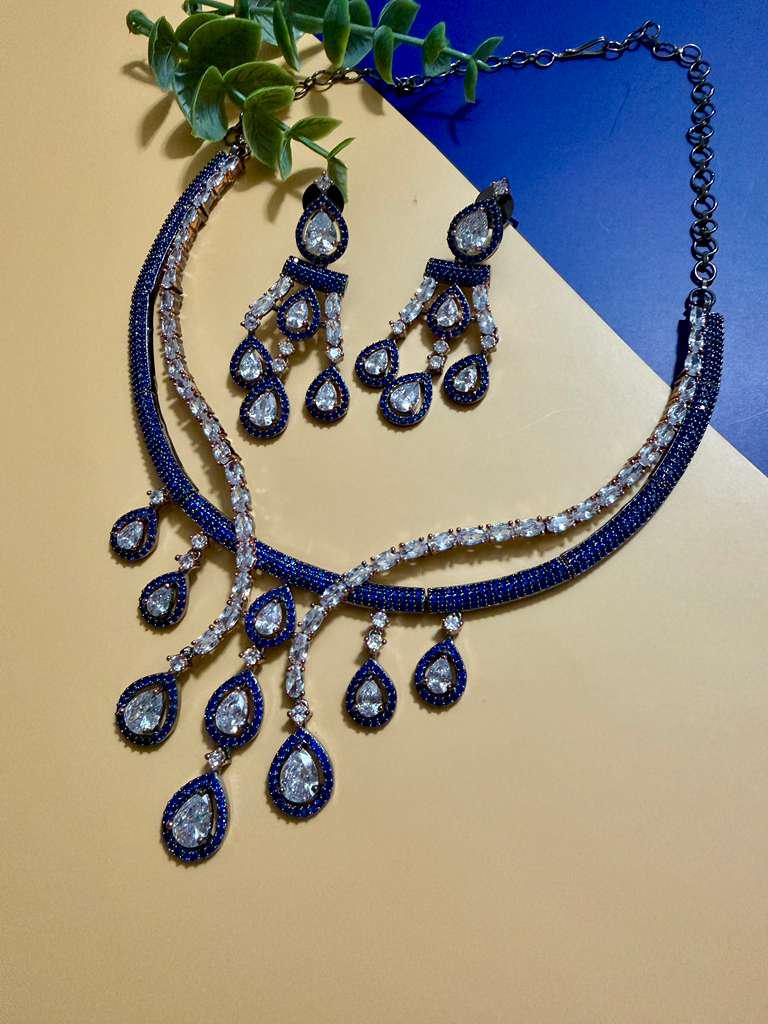 Royal Blue Bridal Jewelry Set Teardrop Necklace Earrings Set Luxury CZ Wedding Jewelry