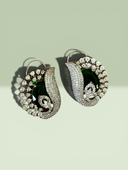 Emerald Green Statement Earrings, Luxury CZ Cocktail Earrings, Designer Inspired Hoop Earrings