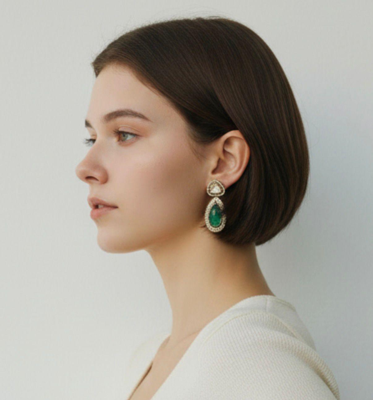 Emerald Green Teardrop Earrings, Vintage Gold Statement Earrings, Designer Inspired Bridal Jewelry