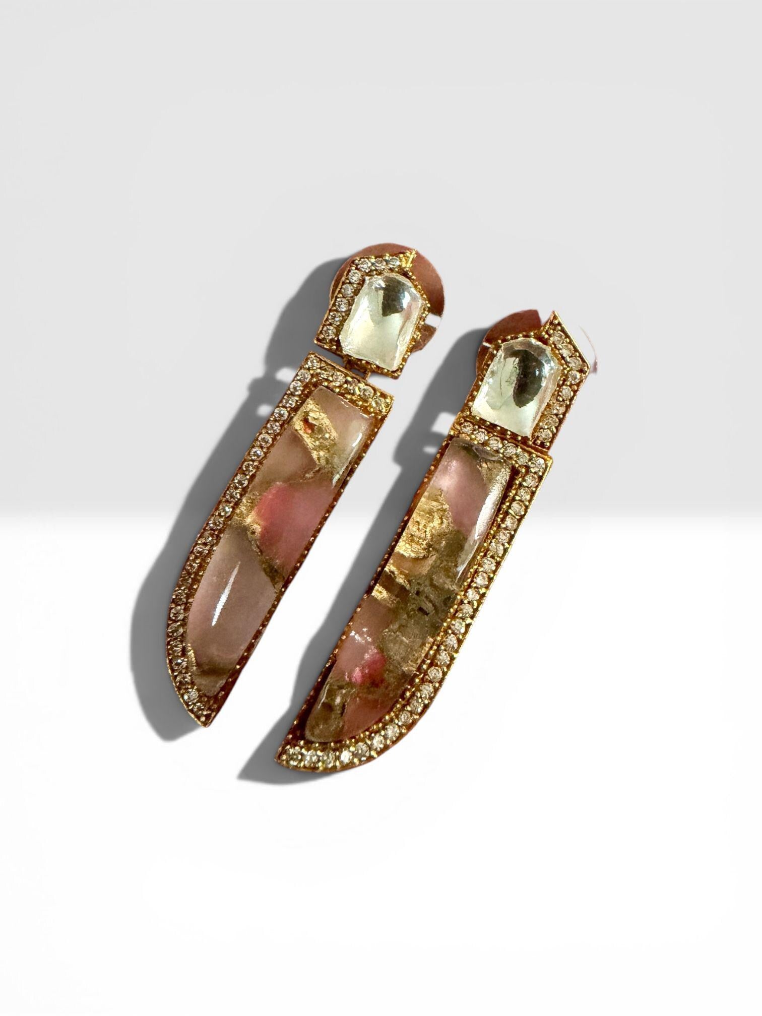 Blush Quartz Dagger Earrings, Gold Statement Drop Earrings, Modern Art Deco Jewelry,
