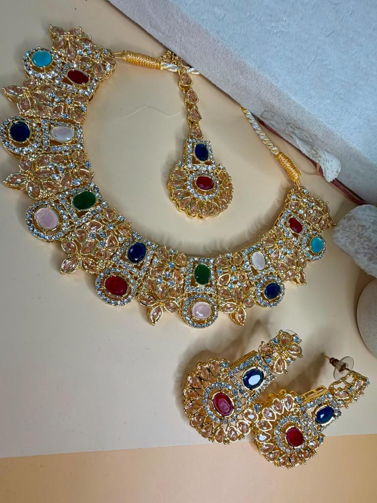Royal Multicolor Statement Jewelry Set, Gold Bridal Necklace Set, Traditional Wedding Jewelry Set