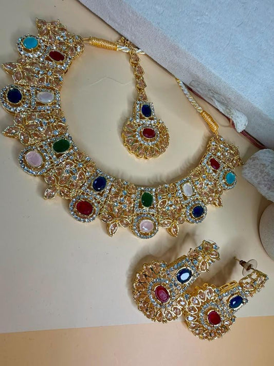 Royal Multicolor Statement Jewelry Set, Gold Bridal Necklace Set, Traditional Wedding Jewelry Set