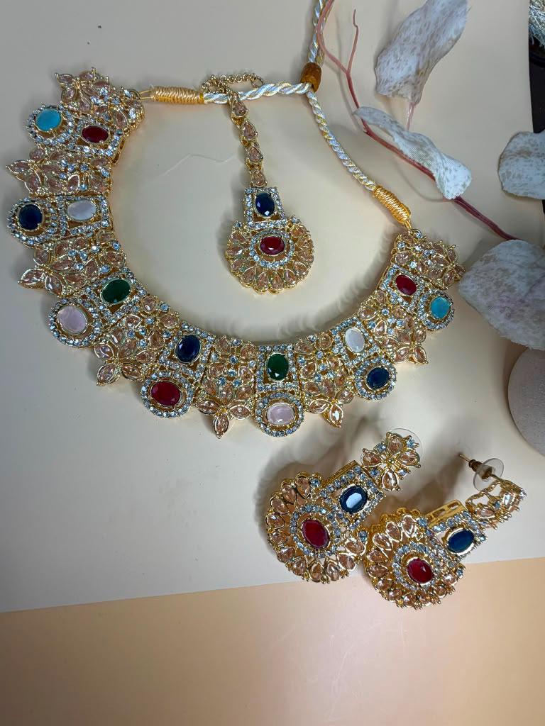 Royal Multicolor Statement Jewelry Set, Gold Bridal Necklace Set, Traditional Wedding Jewelry Set