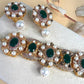 Pakistani Bridal Bracelet and Earrings Set, Emerald Green Pearl Jewelry, Kundan Style Wedding Accessories