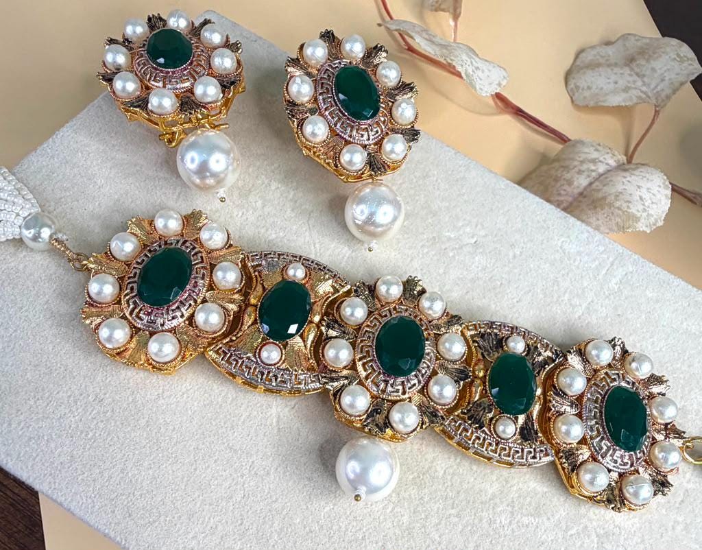 Pakistani Bridal Bracelet and Earrings Set, Emerald Green Pearl Jewelry, Kundan Style Wedding Accessories
