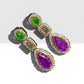 Handmade Green Jade & Purple Gemstone Drop Earrings, Gold Tone Halo Dangle Earrings