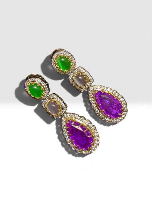 Handmade Green Jade & Purple Gemstone Drop Earrings, Gold Tone Halo Dangle Earrings