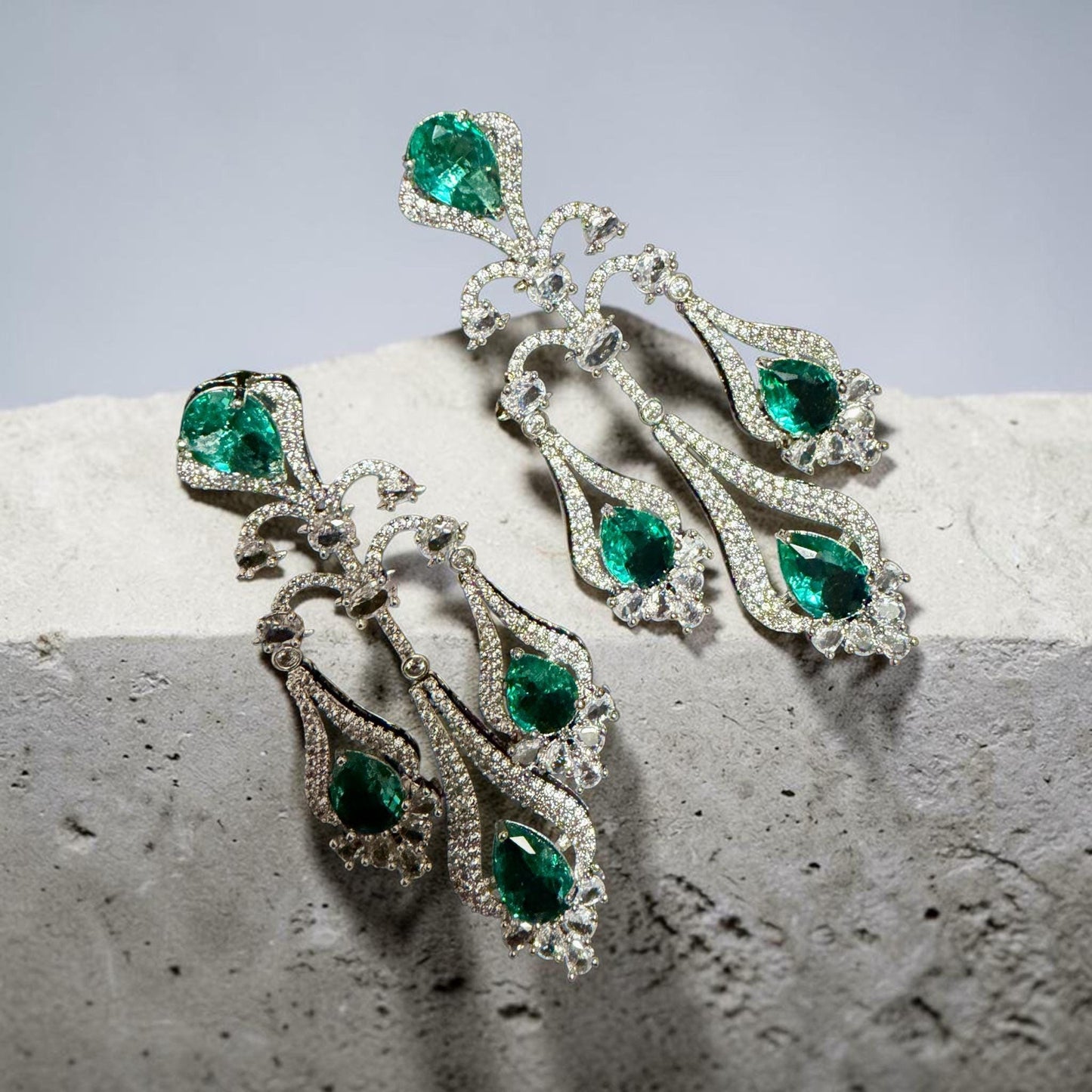 Emerald Green Teardrop Chandelier Earrings, Luxury Bridal Dangle Earrings, Silver Tone Statement Wedding Jewelry.