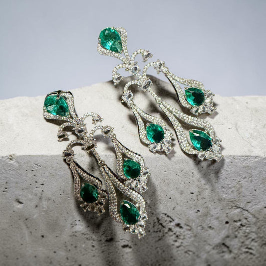 Emerald Green Teardrop Chandelier Earrings, Luxury Bridal Dangle Earrings, Silver Tone Statement Wedding Jewelry.