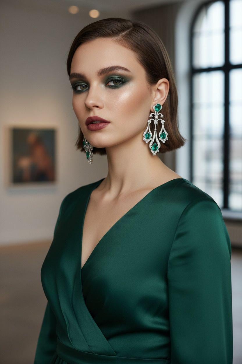 Emerald Green Teardrop Chandelier Earrings, Luxury Bridal Dangle Earrings, Silver Tone Statement Wedding Jewelry.