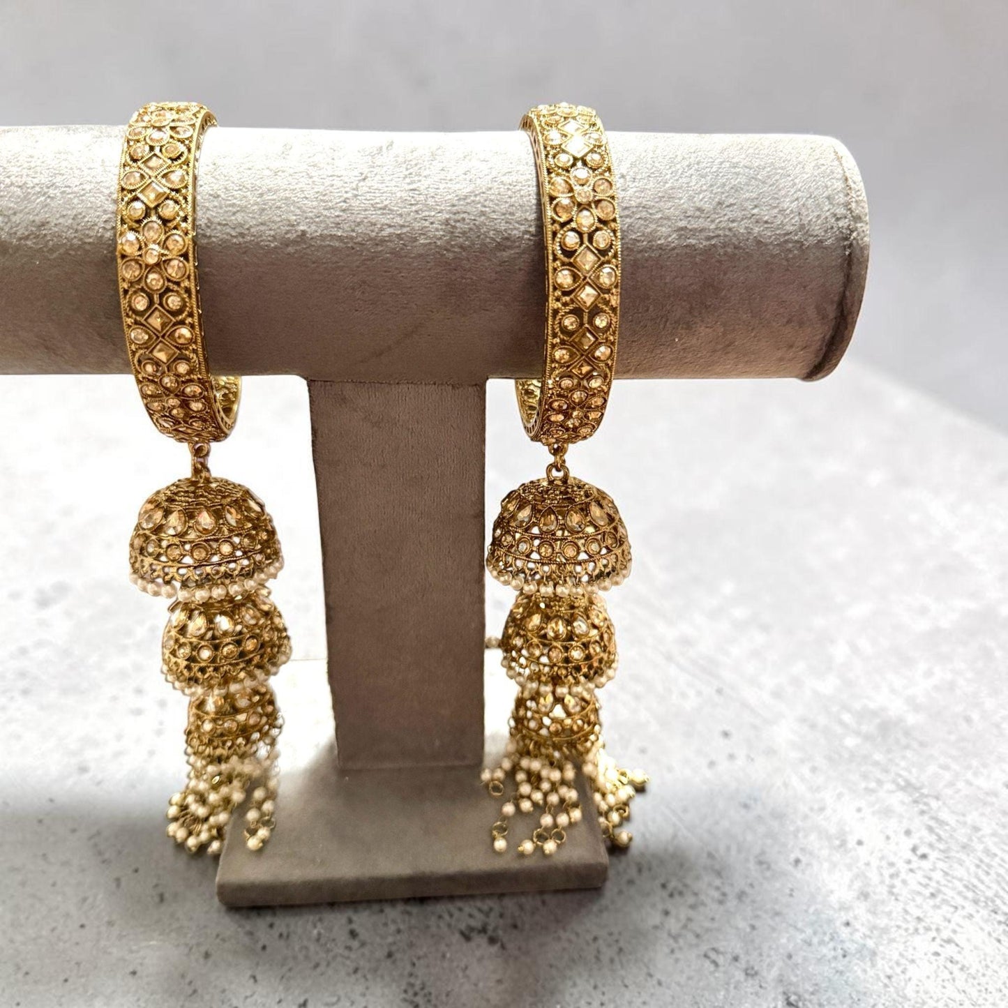 Mughal Noor Jhumka Bangles, reverse ad Gold Bridal Hand Jewelry, Traditional Indian Pakistani Bangles.