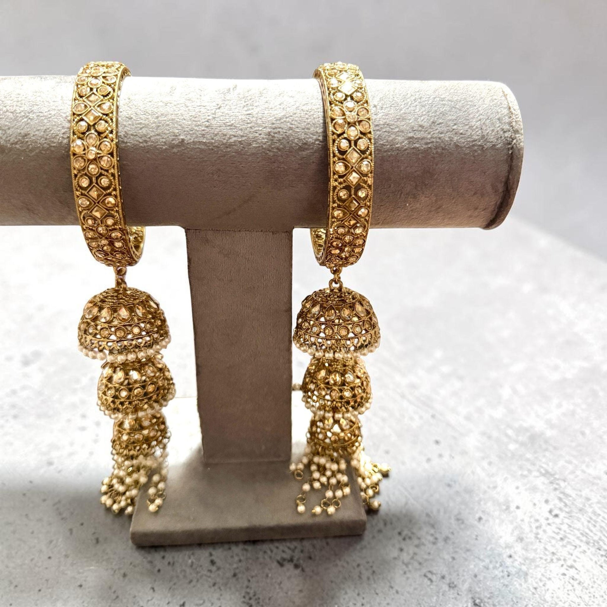 Mughal Noor Jhumka Bangles, reverse ad Gold Bridal Hand Jewelry, Traditional Indian Pakistani Bangles.