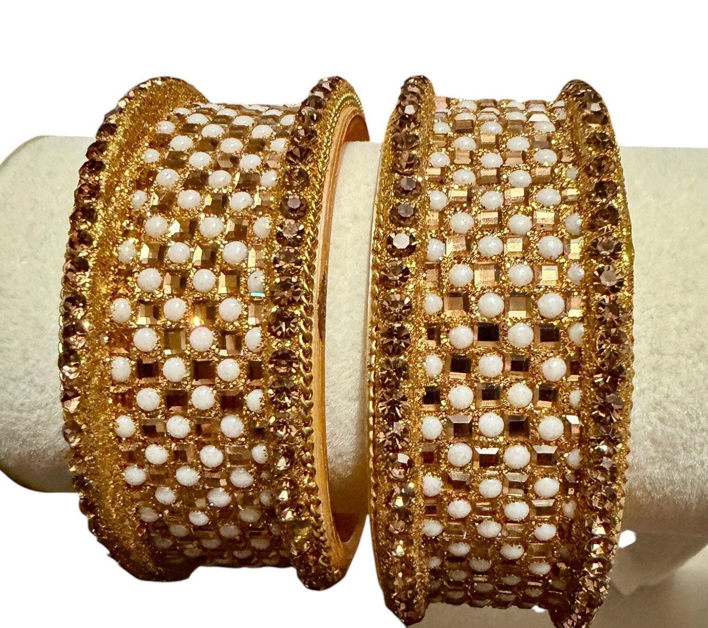 Champagne Pearl Statement Bangles Set, Gold Bridal Kadas, Luxury Wedding Bangles