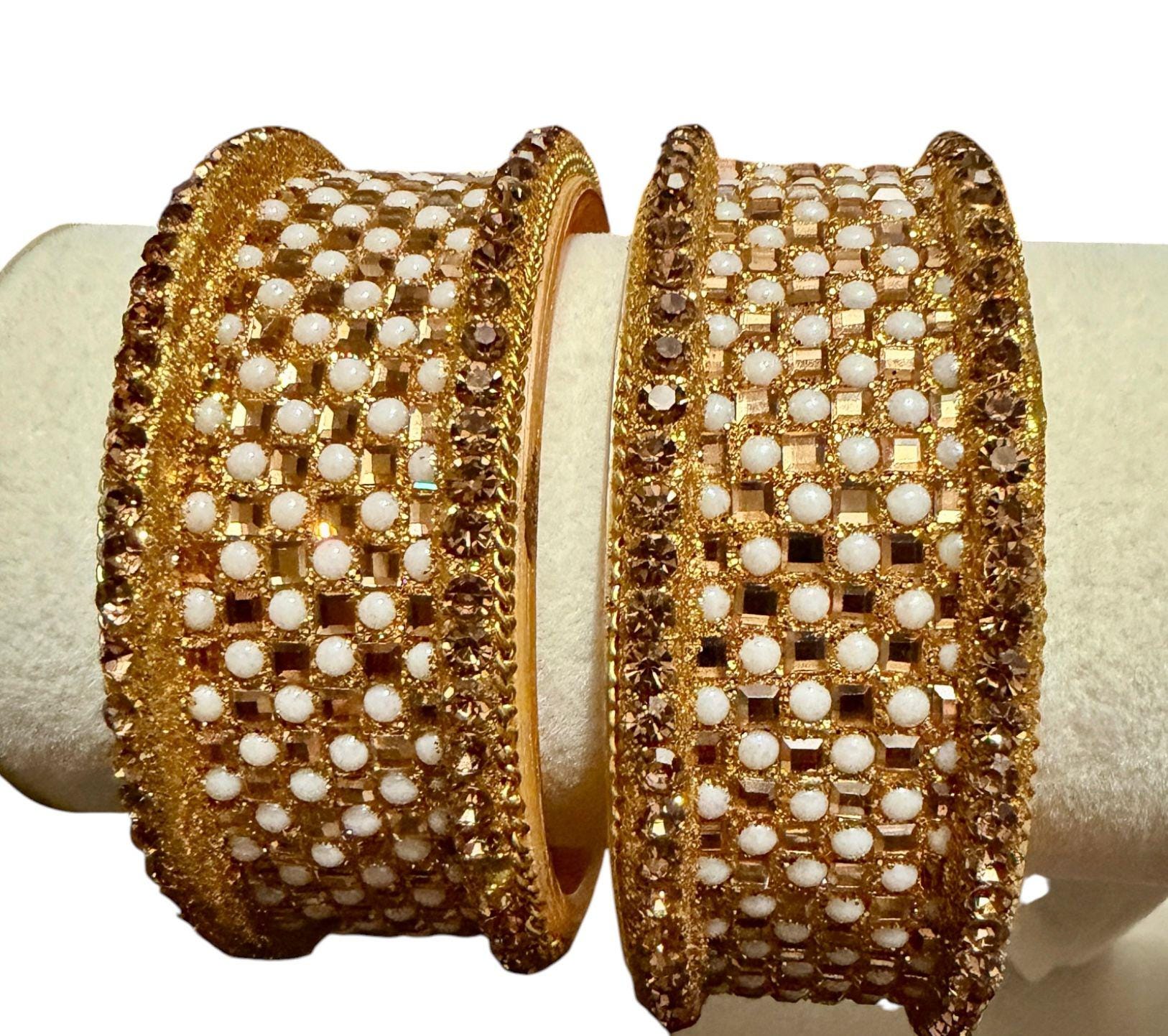 Champagne Pearl Statement Bangles Set, Gold Bridal Kadas, Luxury Wedding Bangles