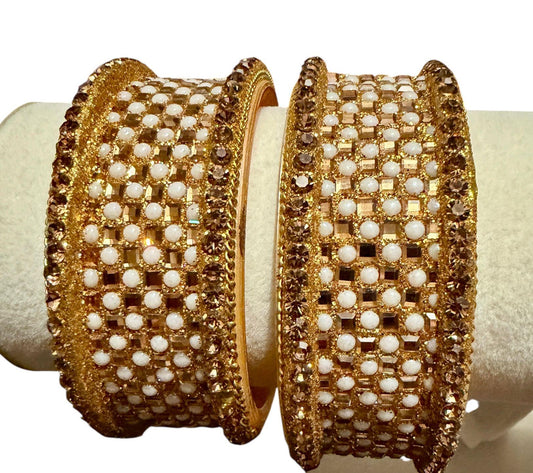 Champagne Pearl Statement Bangles Set, Gold Bridal Kadas, Luxury Wedding Bangles