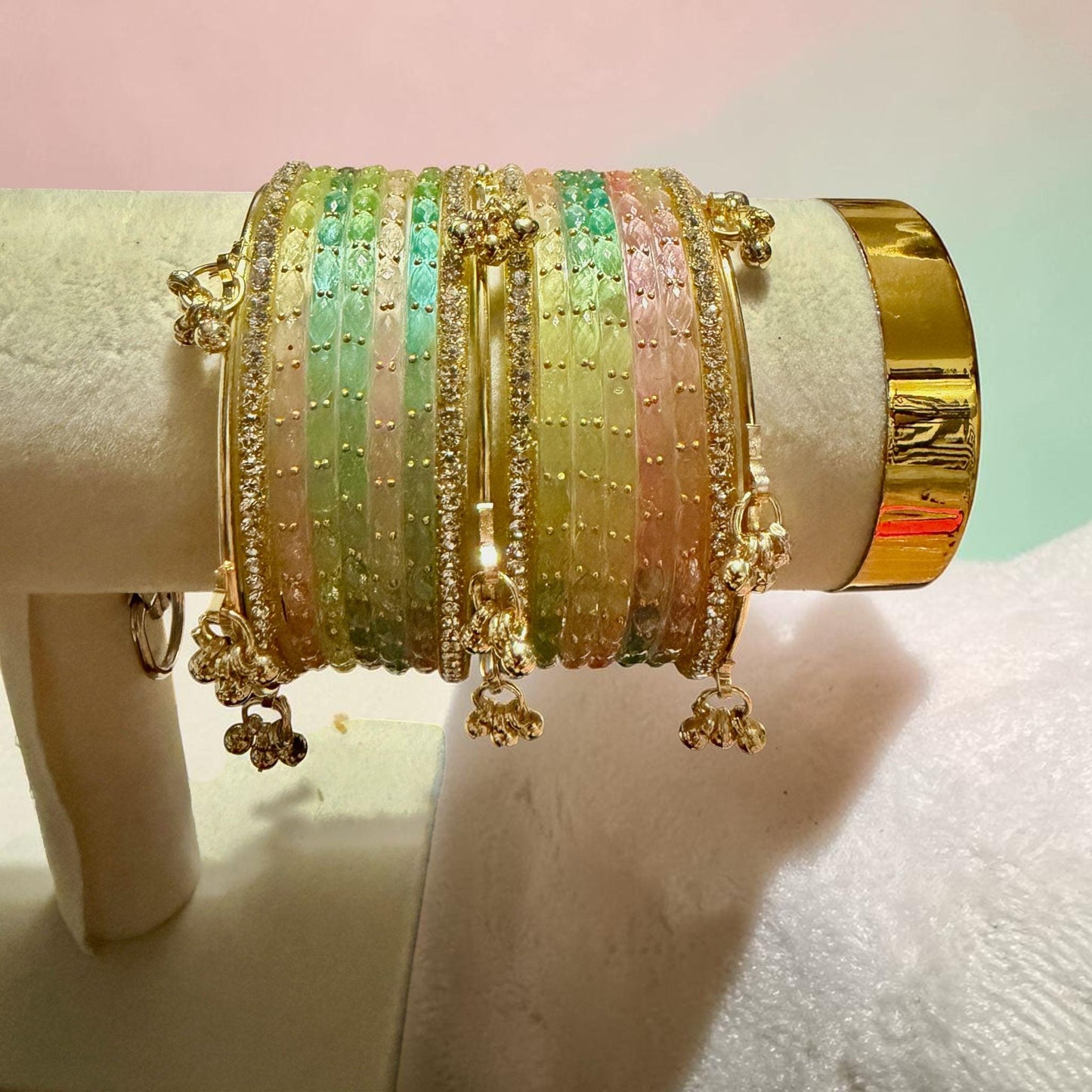 Pastel Ombre glass Bangle Set, Gold Tone Festival Bangles, Handmade Inspired Bracelet Stack for Women