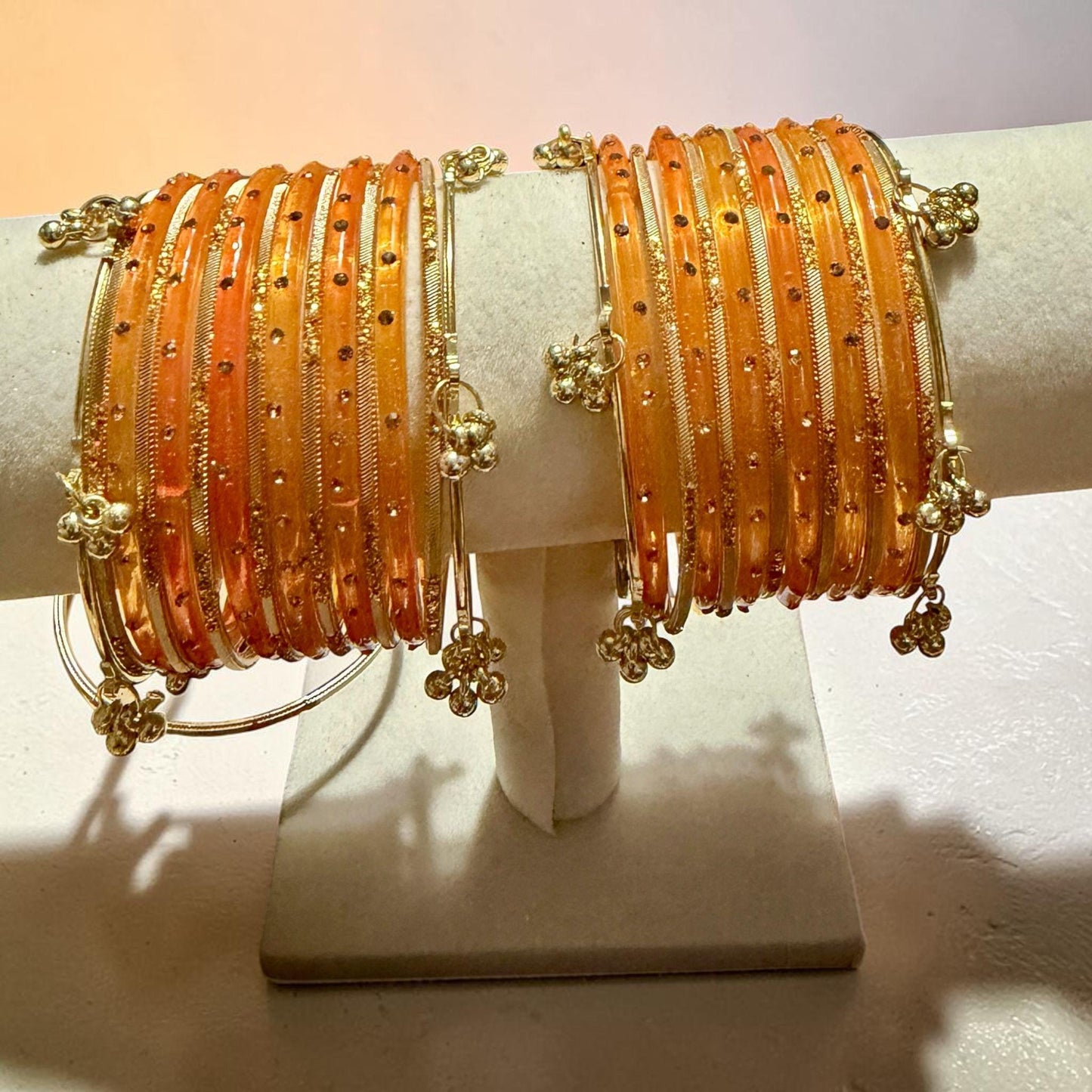 Orange Bridal glass Kashmiri Set with Gold Tone Bangles, Punjabi Wedding Chura.