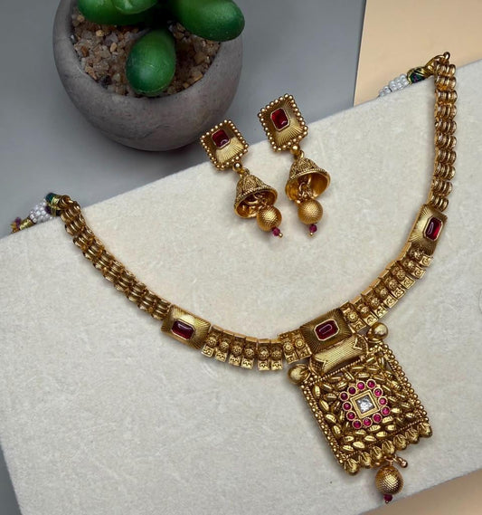 Traditional Indian Necklace Set with Jhumka Earrings, Gold Tone Bridal Jewelry Set.