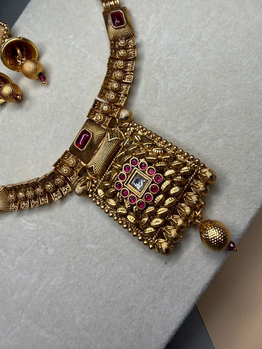 Traditional Indian Necklace Set with Jhumka Earrings, Gold Tone Bridal Jewelry Set.