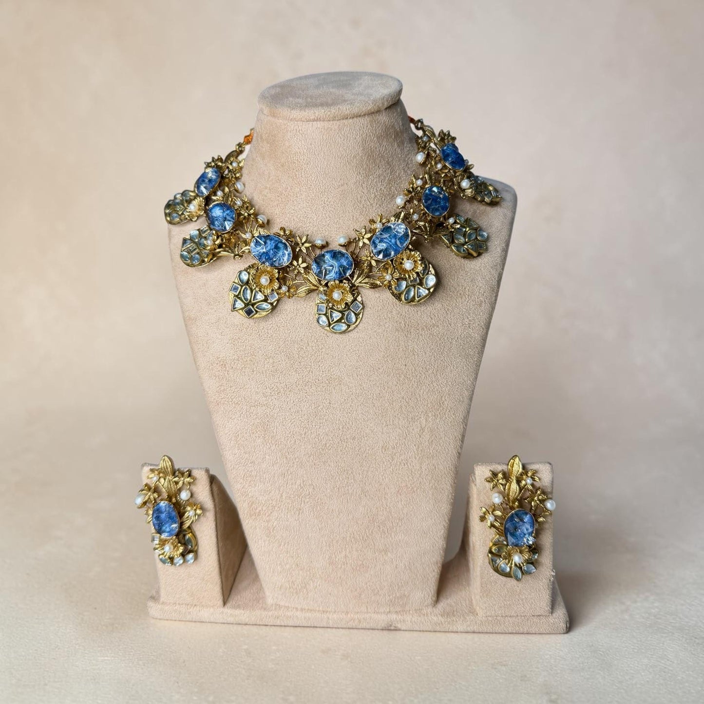 Vintage Botanical Statement Necklace Set, Floral Crystal Collar Necklace with Matching Earrings