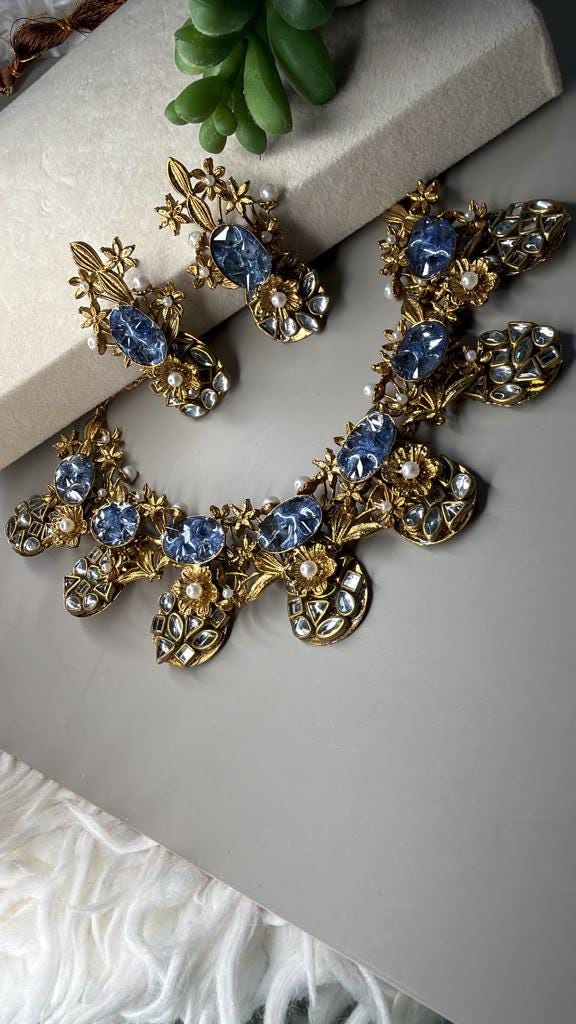 Vintage Botanical Statement Necklace Set, Floral Crystal Collar Necklace with Matching Earrings