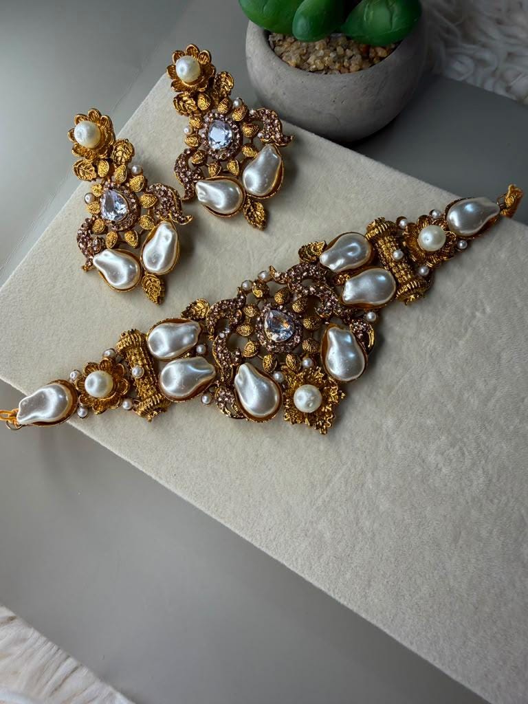 Royal Pearl Jewelry Set, Statement Necklace with Earrings and Tikka, Bridal Ethnic Jewelry.