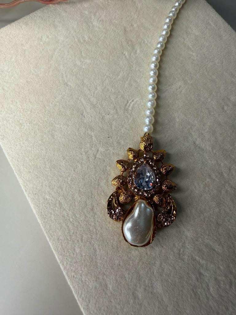 Royal Pearl Jewelry Set, Statement Necklace with Earrings and Tikka, Bridal Ethnic Jewelry.