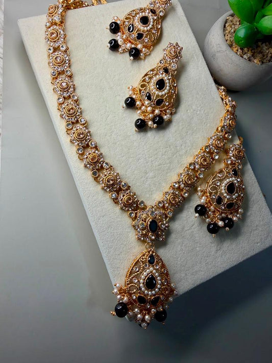Elegant Black Pearl Necklace Set, Long Statement Necklace with Matching Earrings