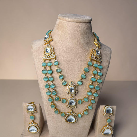 Layered Mint Bead Kundan Necklace Set, Double Strand Statement Jewelry with Earrings