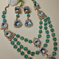 Layered Mint Bead Kundan Necklace Set, Double Strand Statement Jewelry with Earrings