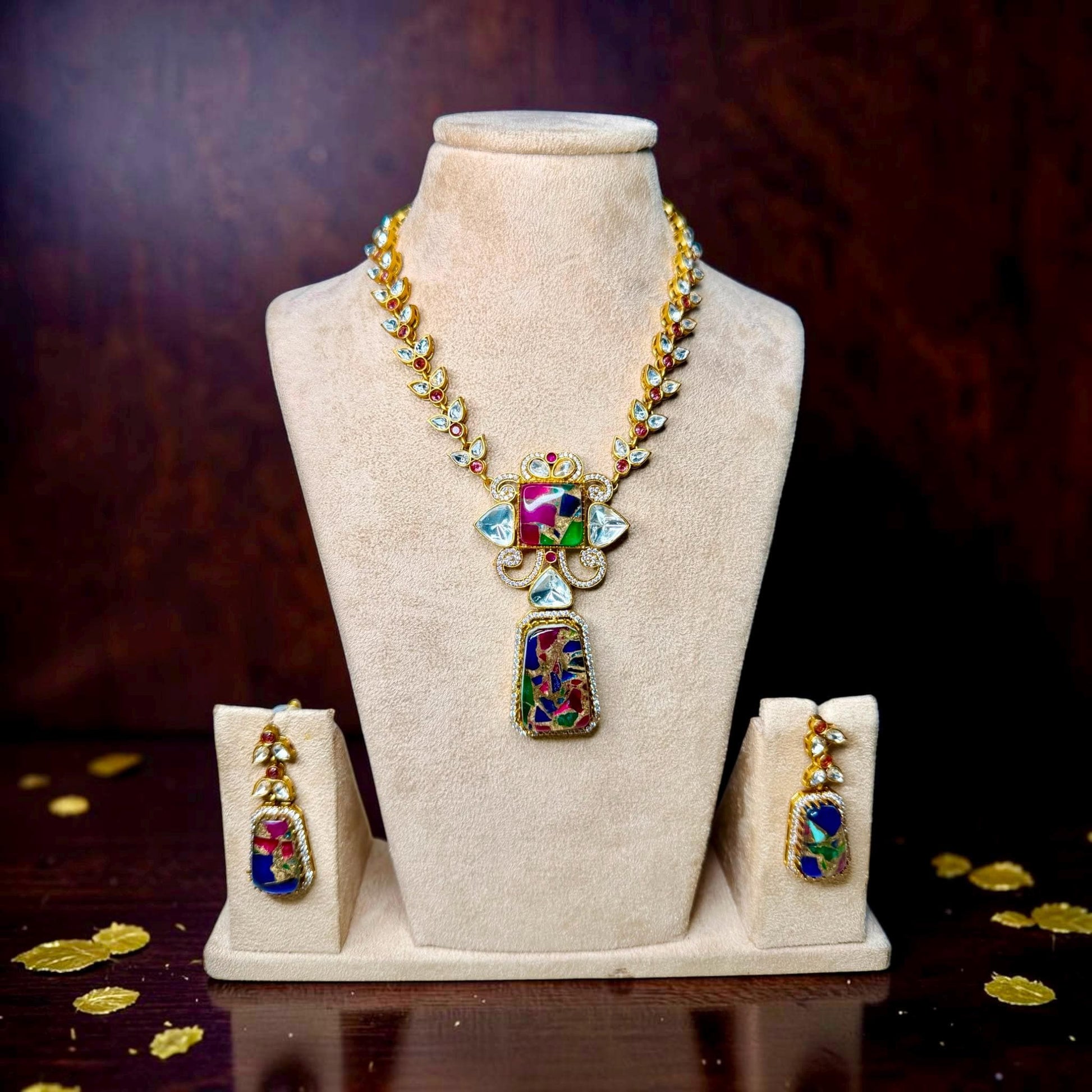 Mosaic Art Statement Necklace Set, Geometric Pendant Jewelry Set, Contemporary Ethnic.