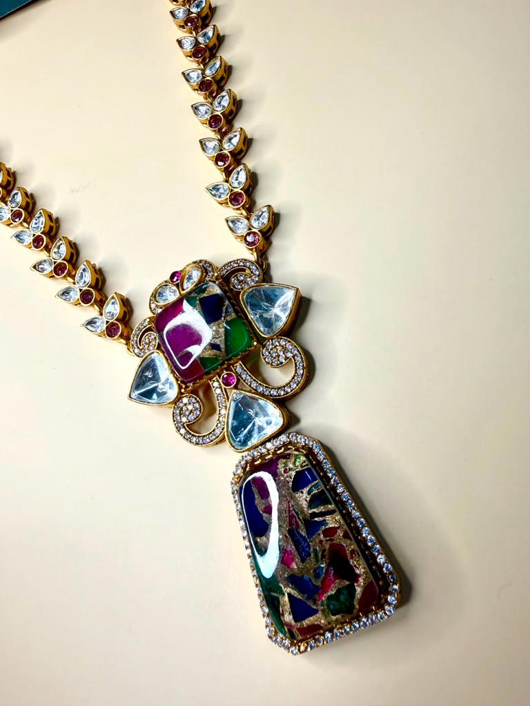 Mosaic Art Statement Necklace Set, Geometric Pendant Jewelry Set, Contemporary Ethnic.