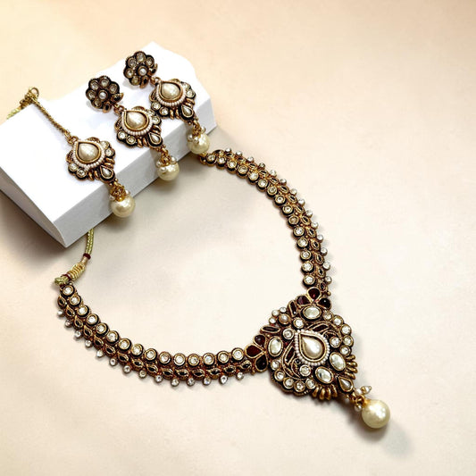 Pearl Polki Choker Set, Antique Bridal Necklace with Earrings, Traditional Wedding Jewelry Set