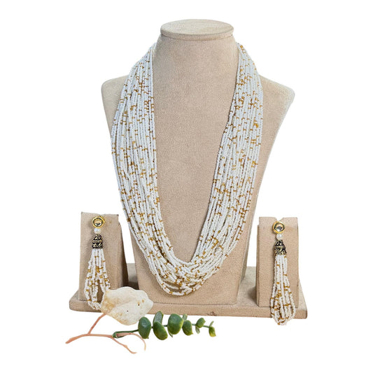 Layered Seed Bead Necklace Set, Long Statement Necklace with Tassel Earrings, Ethnic Wedding Jewelry