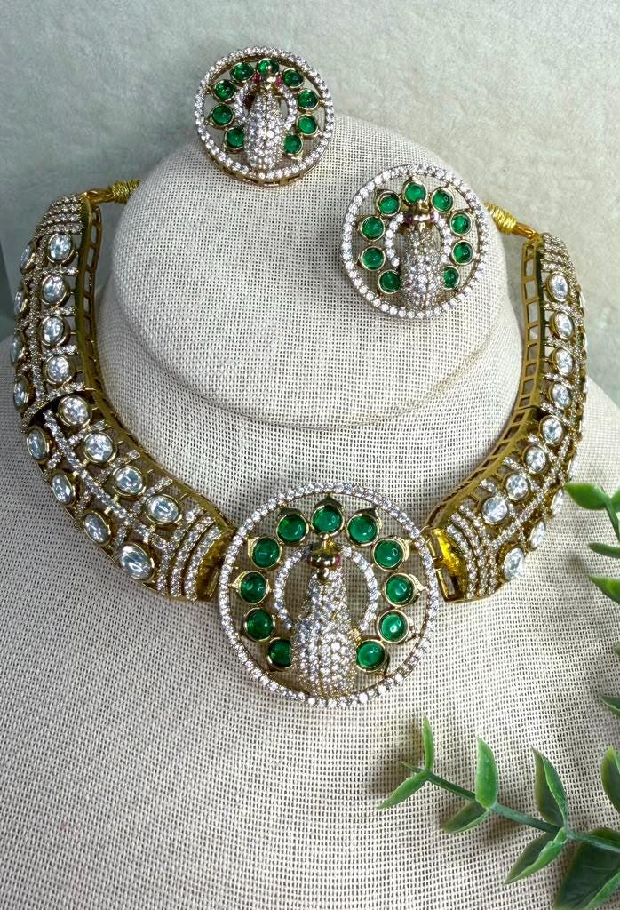 Peacock Bridal Choker Set, Emerald Inspired Statement Necklace, Wedding Jewelry Set with Matching Stud