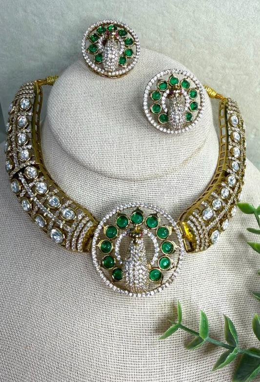 Peacock Bridal Choker Set, Emerald Inspired Statement Necklace, Wedding Jewelry Set with Matching Stud