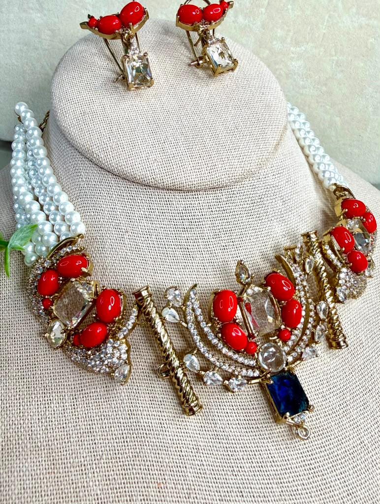 Pearl Statement Choker Necklace Set, Coral Inspired Bridal Jewelry, Wedding Set