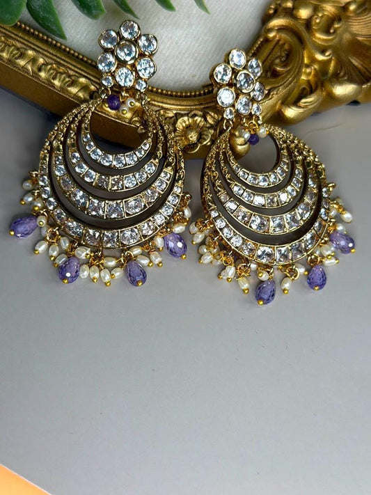 Crystal Crescent Chandbali Earrings, Lavender Drop Statement Earrings, Indian Pakistani Wedding Jewelry