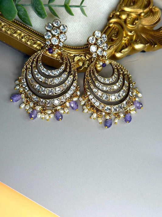 Crystal Crescent Chandbali Earrings, Lavender Drop Statement Earrings, Indian Pakistani Wedding Jewelry