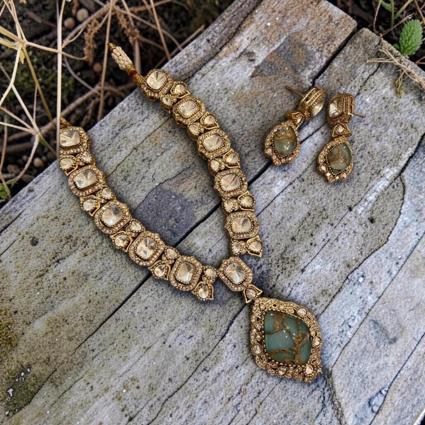 Art Deco Mosaic Pendant Necklace Set, Vintage Statement Jewelry, Crystal Bridal Necklace with Earrings