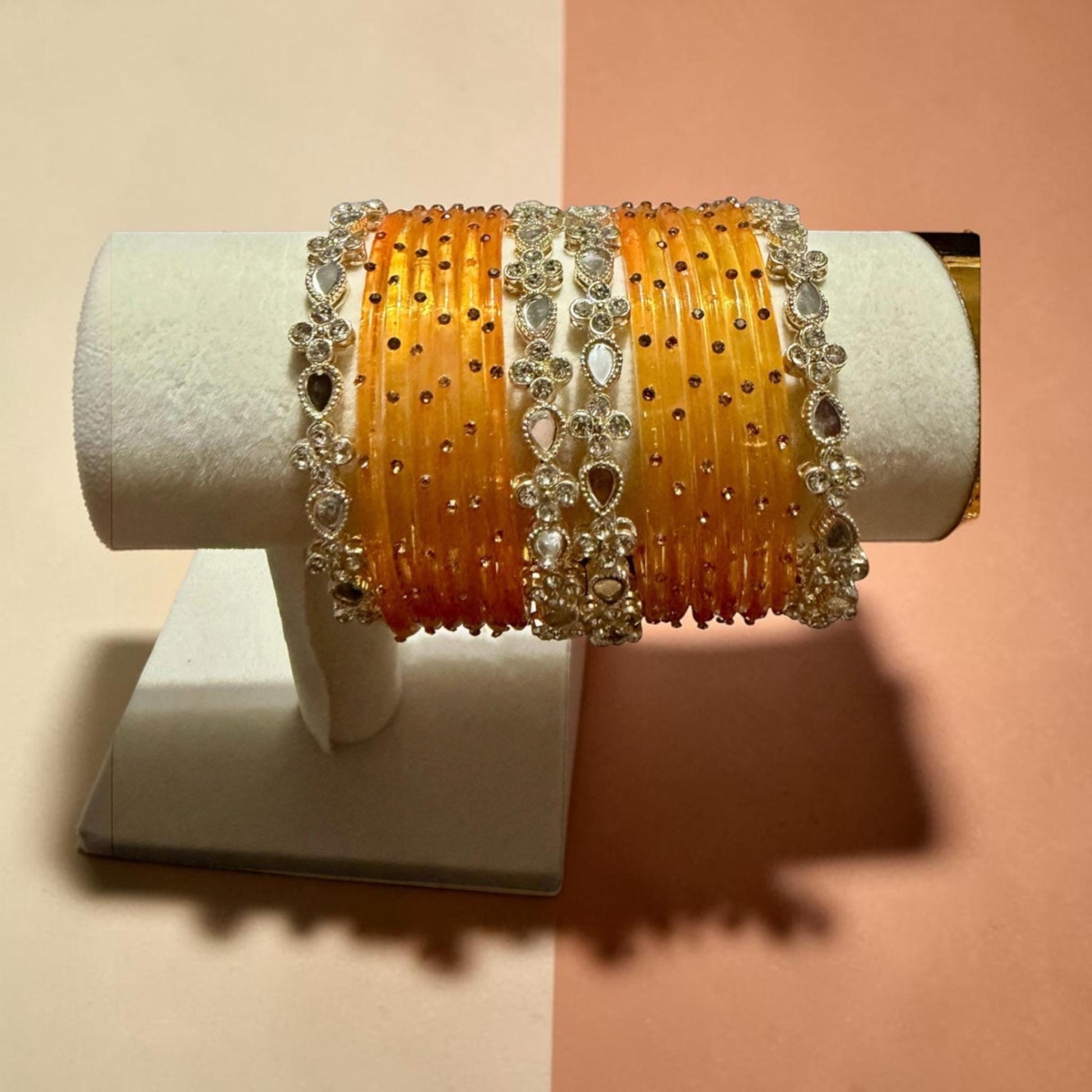 Sunset Orange glass Bangle Set, Crystal Accent Wedding Bangles, Traditional Festival Jewelry for Women