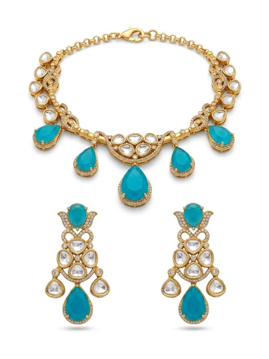 Crystal Statement Necklace Set, Kundan Wedding Jewelry, Pakistani Indian Necklace with Earrings