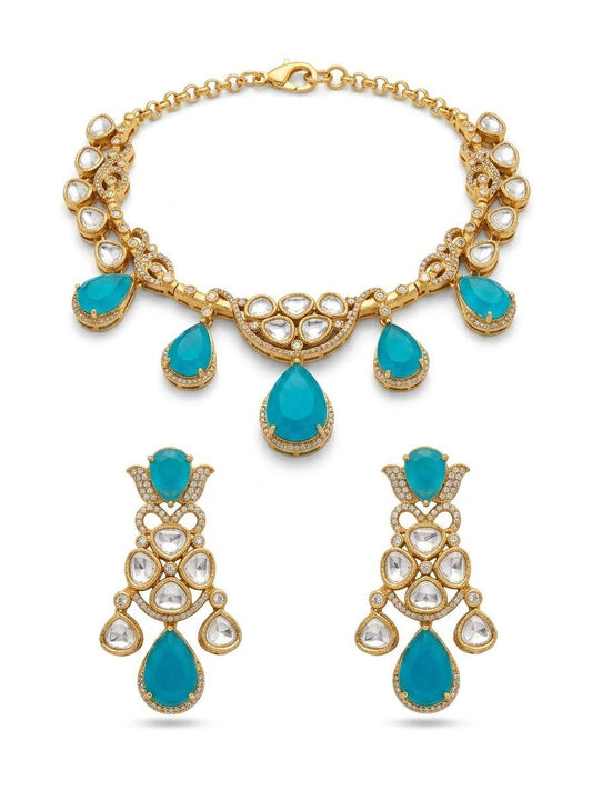 Crystal Statement Necklace Set, Kundan Wedding Jewelry, Pakistani Indian Necklace with Earrings