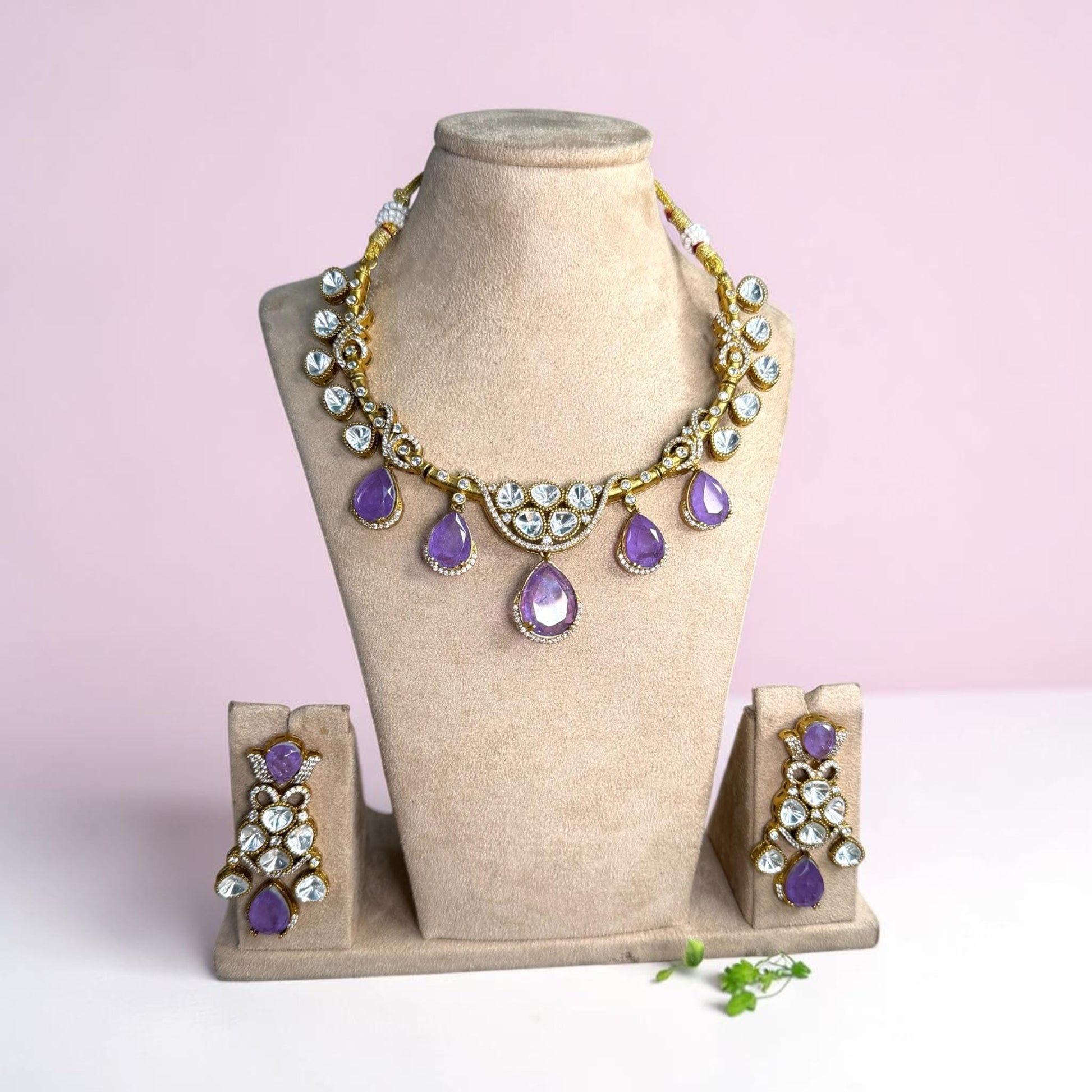 Crystal Statement Necklace Set, Kundan Wedding Jewelry, Pakistani Indian Necklace with Earrings