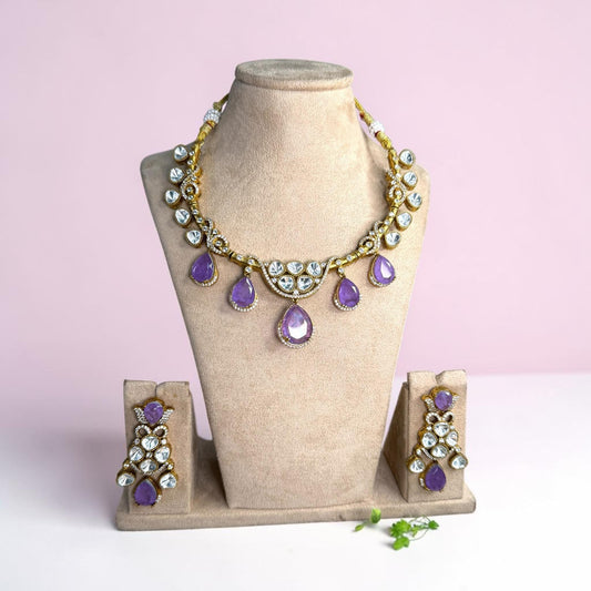 Crystal Statement Necklace Set, Kundan Wedding Jewelry, Pakistani Indian Necklace with Earrings