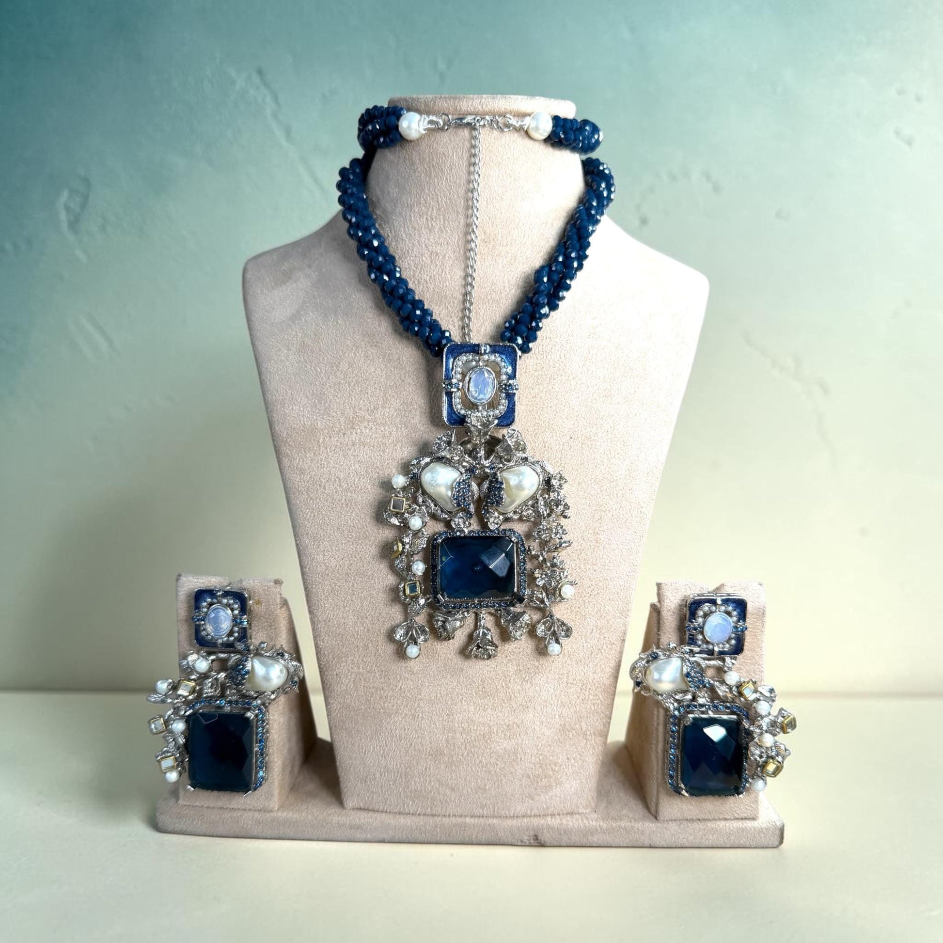 Royal Blue Beaded Statement Necklace Set, Vintage Pearl Pendant Jewelry, Pakistani Indian Wedding Set