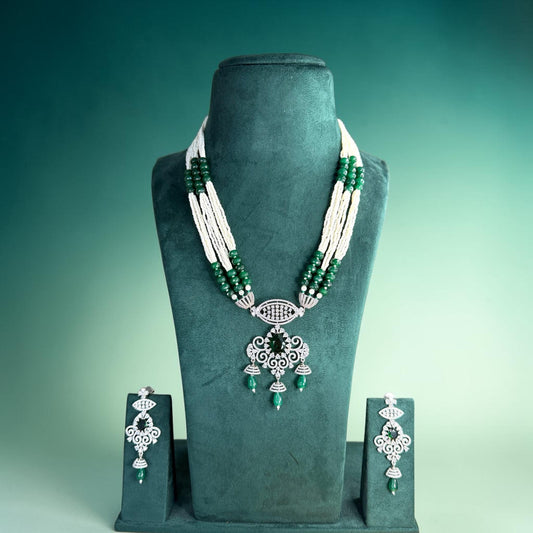 Emerald Green Beaded Pendant Necklace Set, Pearl Layer Wedding Jewelry, Pakistani Indian Statement Set