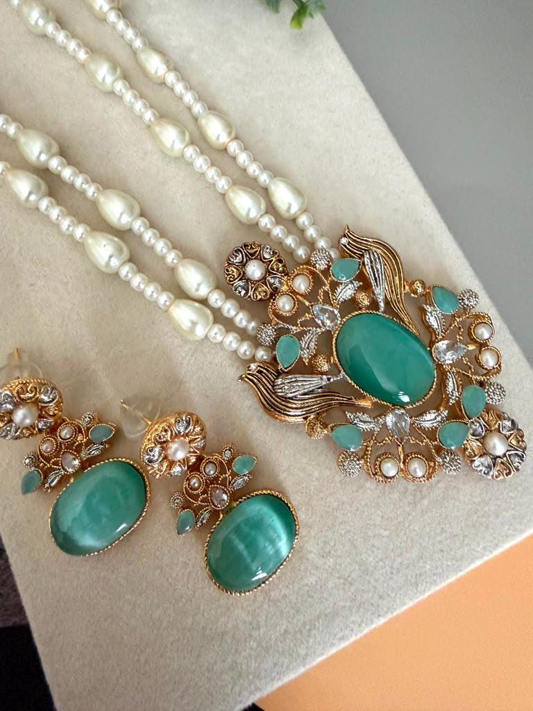 Mint Green Pendant Pearl Necklace Set, Long Layered Wedding Jewelry, Pakistani Indian Statement Necklace