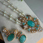 Mint Green Pendant Pearl Necklace Set, Long Layered Wedding Jewelry, Pakistani Indian Statement Necklace